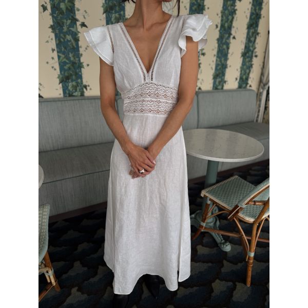 Linen V-Neck Dress - White