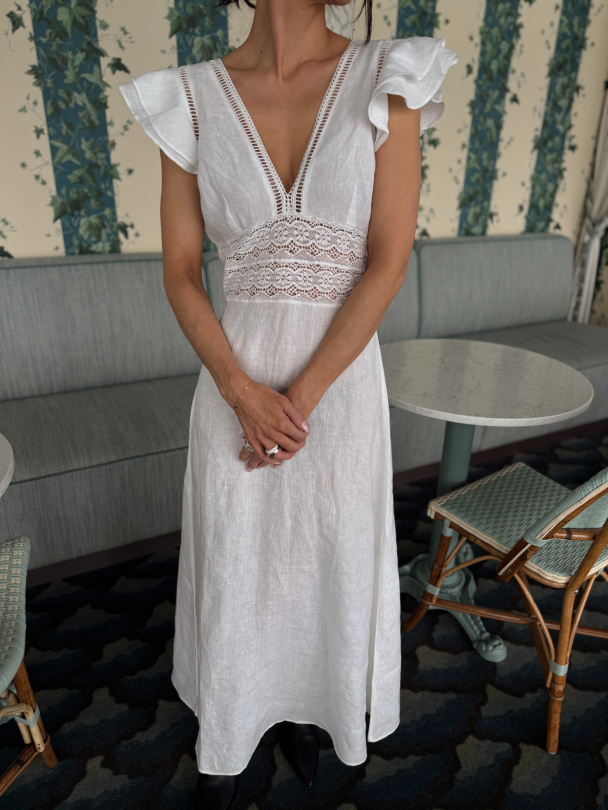 Linen V-Neck Dress - White - Image 1