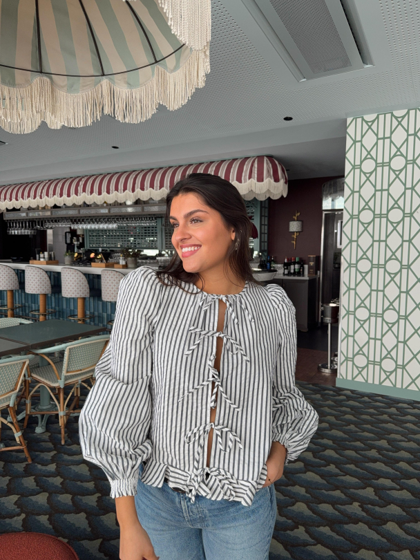 Seersucker Bow Blouse - Marine Stripe - Image 3