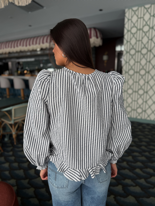 Seersucker Bow Blouse - Marine Stripe - Image 6
