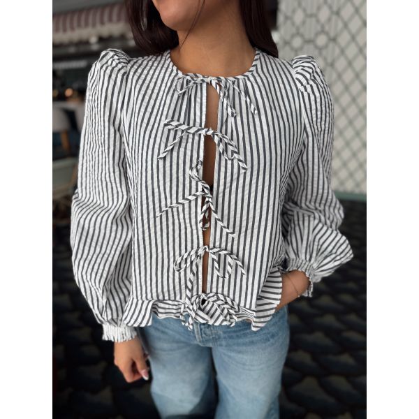 Seersucker Bow Blouse - Marine Stripe