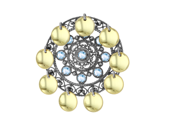 Fjellrosa s&oslash;lje med lauv og krystall, oksidert/forgylt - Lysebl&aring; 13