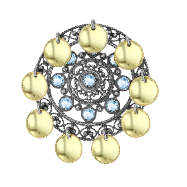 Fjellrosa s&oslash;lje med lauv og krystall, oksidert/forgylt - Lysebl&aring; 13