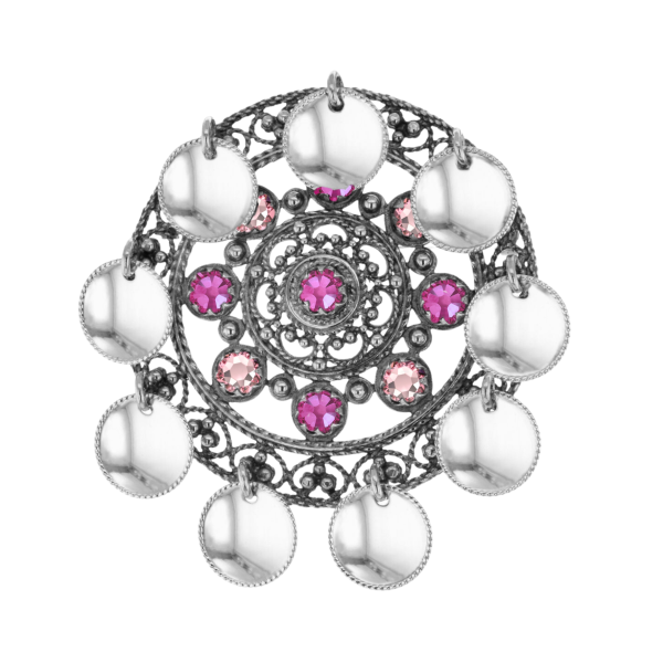 Fjellrosa s&oslash;lje med lauv og krystall, oksidert - Rosa 24 & Lyserosa 05