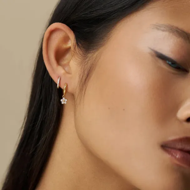 Crystal Flower Drop Huggie Hoop Earrings - Image 1