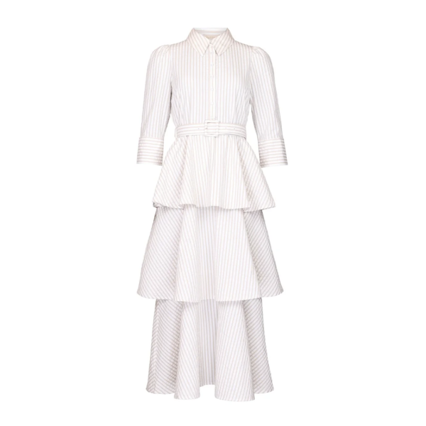 Seersucker Flounce Dress - Khaki Stripe 