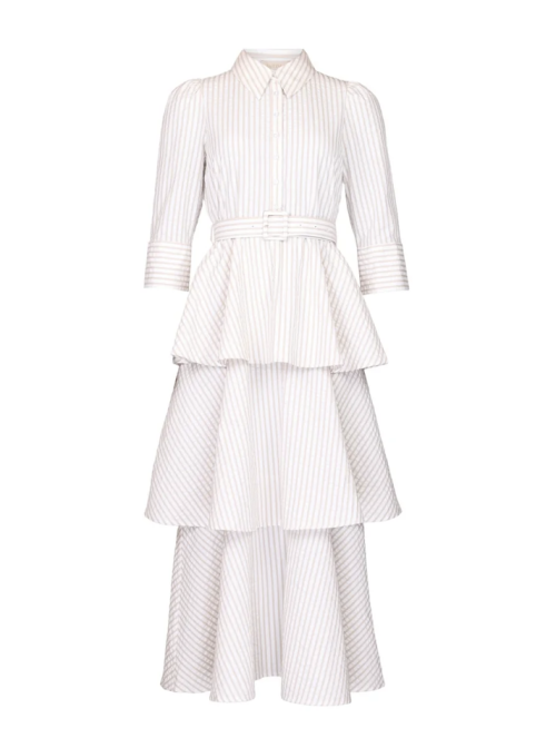 Seersucker Flounce Dress - Khaki Stripe 