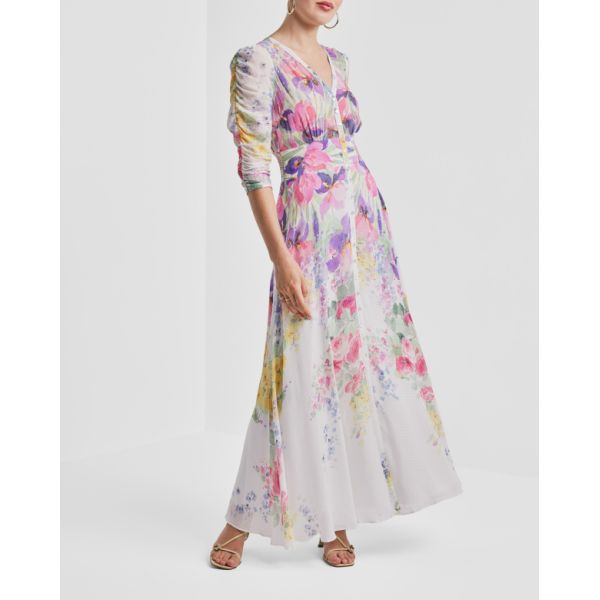 Dotted Georgette Button-Down Dress -Flower Meadow  