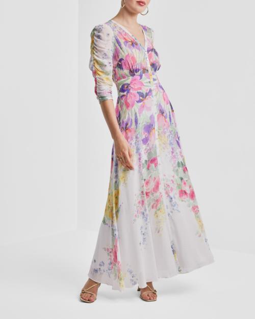 Dotted Georgette Button-Down Dress -Flower Meadow  