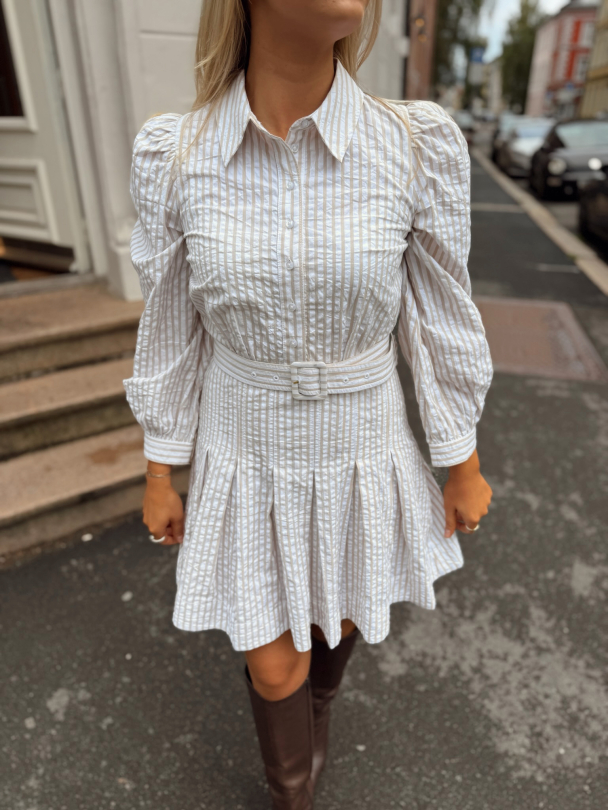 Seersucker Pleated Dress - Khaki  - Image 1