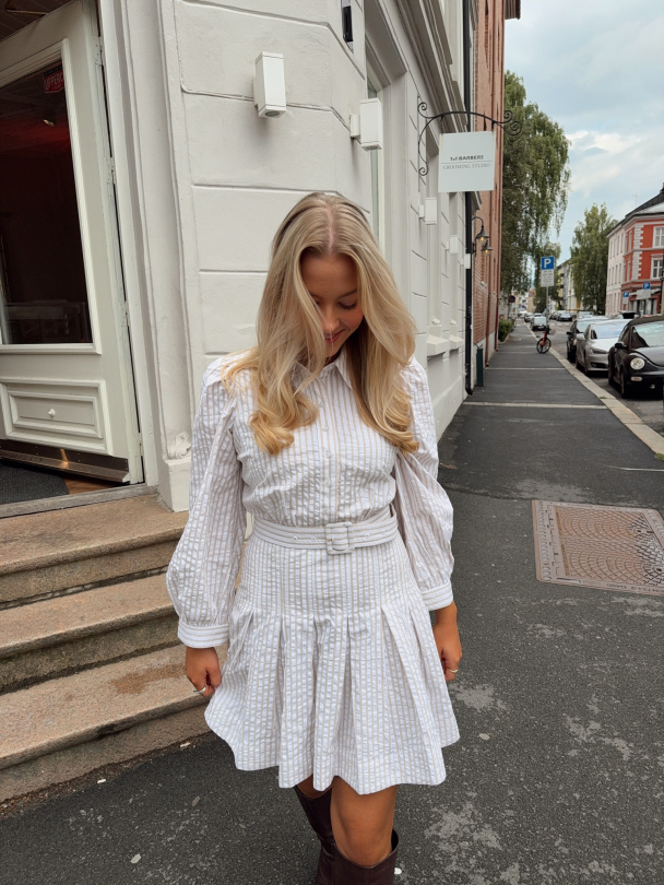 Seersucker Pleated Dress - Khaki  - Image 3
