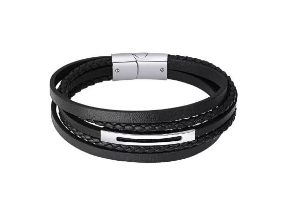 Armb&aring;nd i skinn og st&aring;l, svart