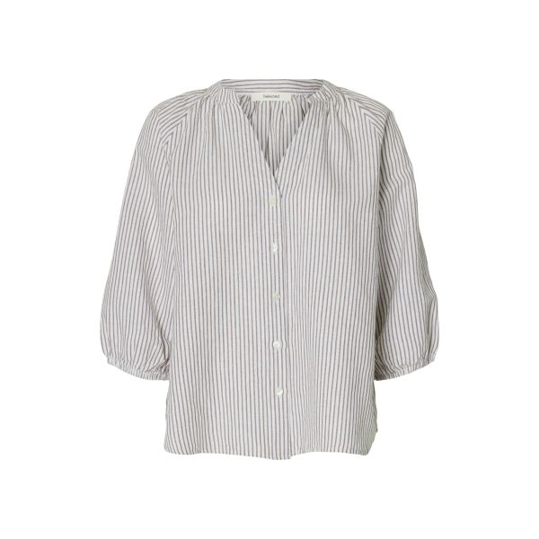 Cleo-Alberta Linen Blend Shirt - White/Chocolate 