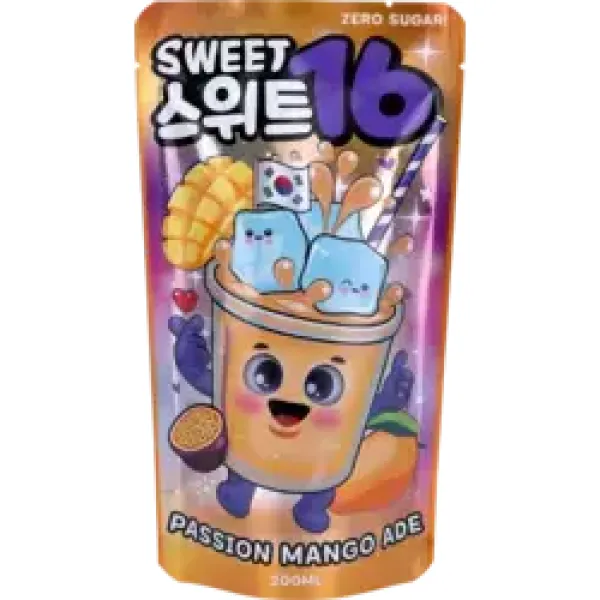 SWEET16 PASSION MANGO ADE ZERO SUGAR KOREAN POUCH DRINK 200ml