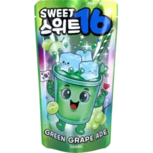 SWEET16 GREEN GRAPE ADE ZERO SUGAR KOREAN POUCH DRINK 200ml