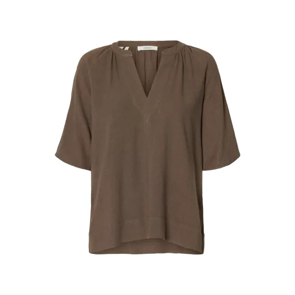 Viva 2/4 V-Neck Linen Blend Top - Chocolate Chip
