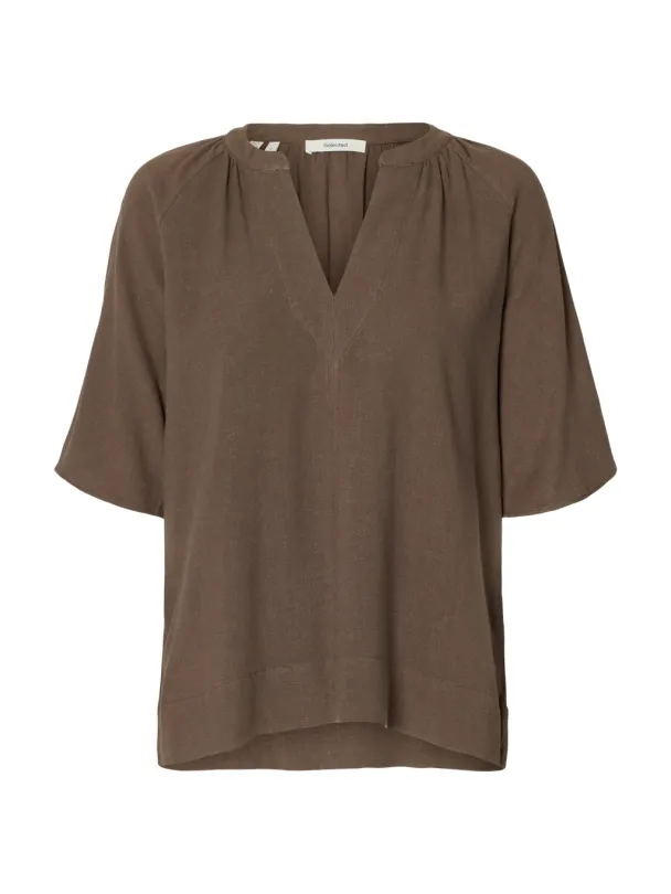 Viva 2/4 V-Neck Linen Blend Top - Chocolate Chip