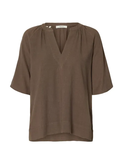 Viva 2/4 V-Neck Linen Blend Top - Chocolate Chip