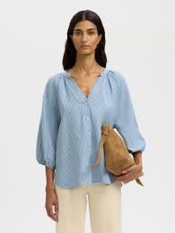Cleo-Alberta Linen Blend Shirt - White/Dusty Blue  - Image 2