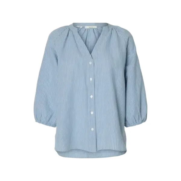 Cleo-Alberta Linen Blend Shirt - White/Dusty Blue 