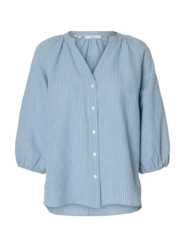 Cleo-Alberta Linen Blend Shirt - White/Dusty Blue  - Image 1
