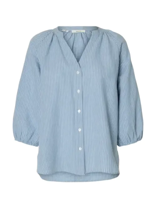 Cleo-Alberta Linen Blend Shirt - White/Dusty Blue 