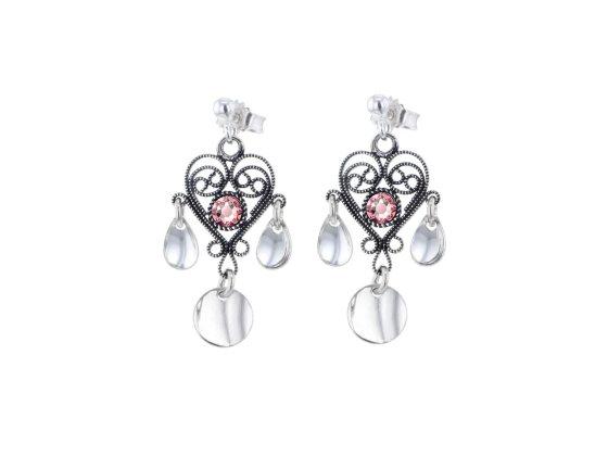 Hjerte &oslash;repynt med lauv og krystall, oksidert/s&oslash;lv - Lyserosa 05