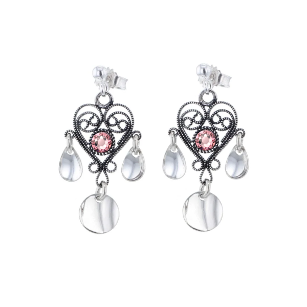 Hjerte &oslash;repynt med lauv og krystall, oksidert/s&oslash;lv - Lyserosa 05