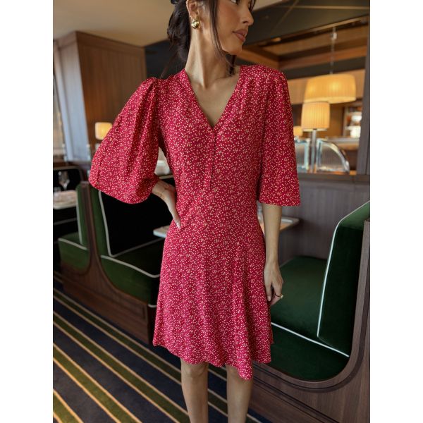 Spring V-Neck Dress - Red Dots 