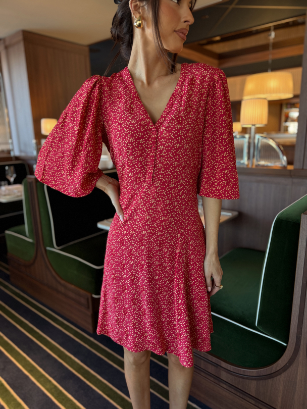Spring V-Neck Dress - Red Dots  - Image 1