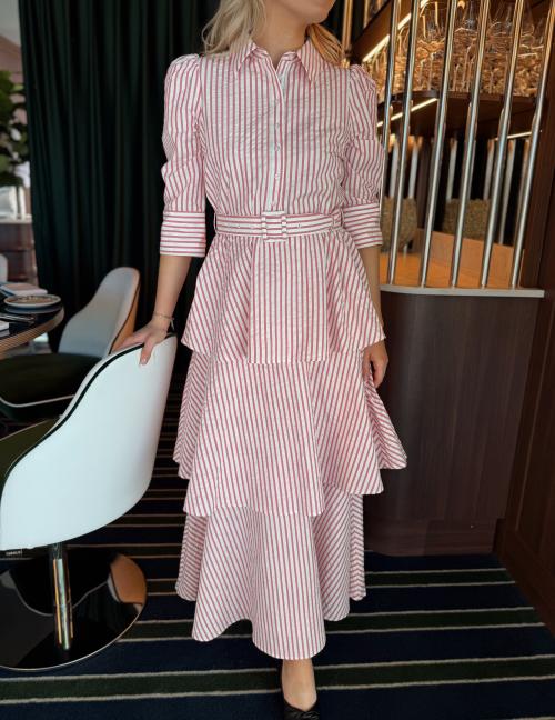 Seersucker Flounce Dress - Pink Stripe 