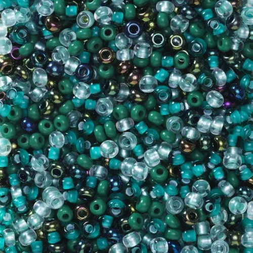 Rocaillesperle 9/0 miks blått, grått og petrol, 30 gram glassperler med diameter 2,4–2,8 mm