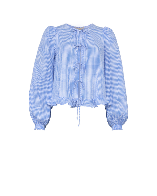 Seersucker Bow Blouse - Blue Checks - Image 1
