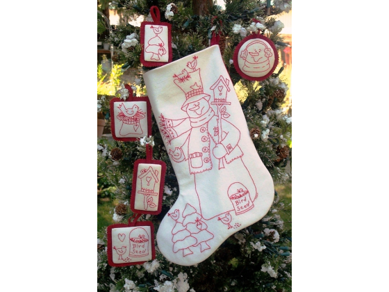 125  Woodland Snowman RedWork Stocking