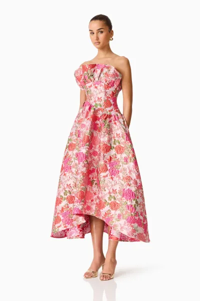 FLORALIE STRAPLESS GOWN IN PINK FLORAL