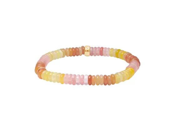 Armb&aring;nd p&aring; strikk med flate rosa og gule steiner
