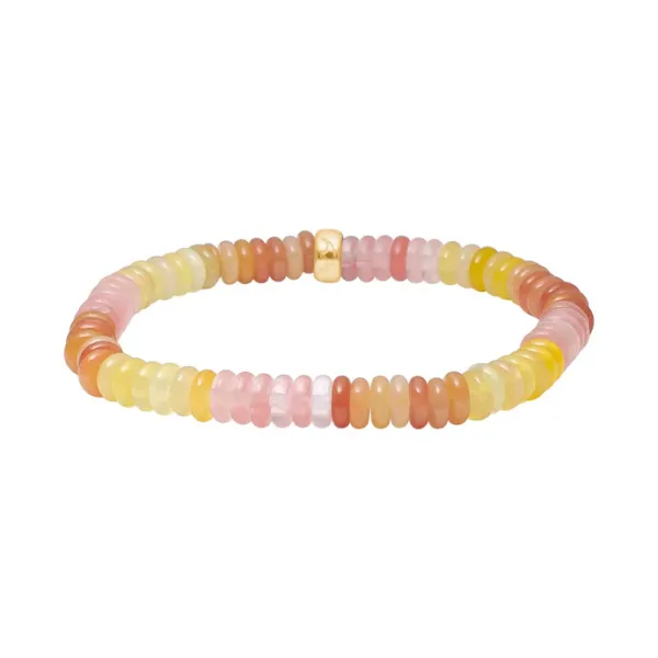 Armb&aring;nd p&aring; strikk med flate rosa og gule steiner