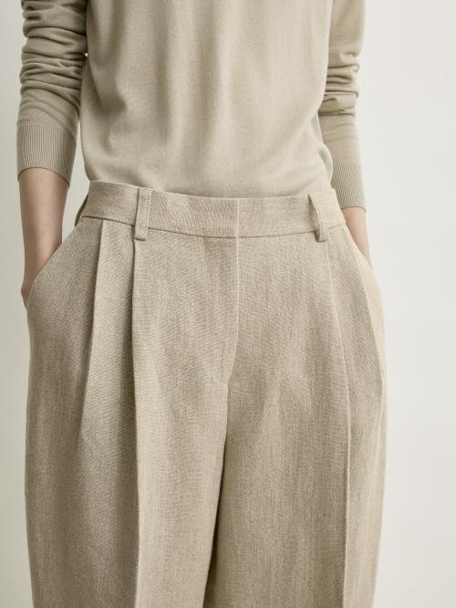 Double-Pleat Linen Trousers Beige