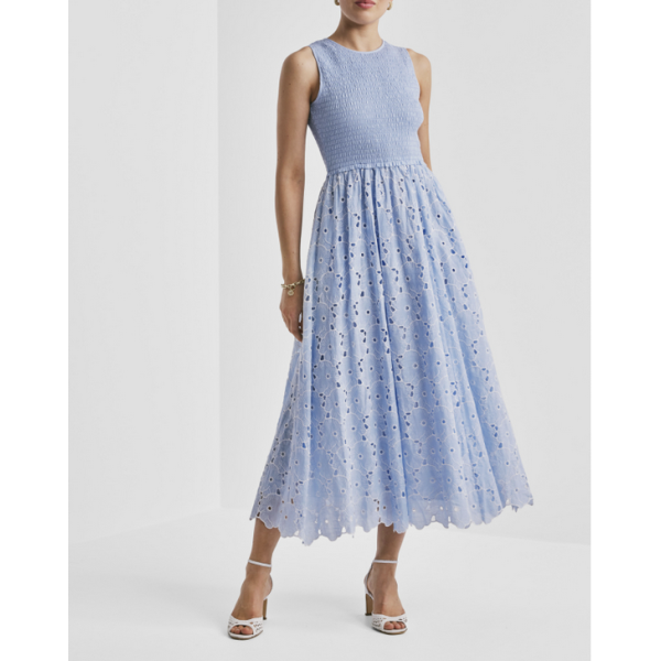 Broderie Anglaise Smocking Dress - Light Blue