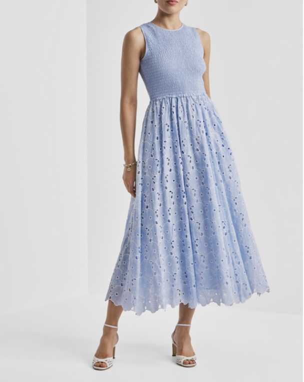 Broderie Anglaise Smocking Dress - Light Blue
