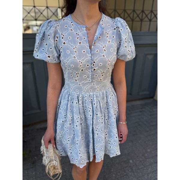 Broderie Anglaise  Puffed Dress - Light Blue