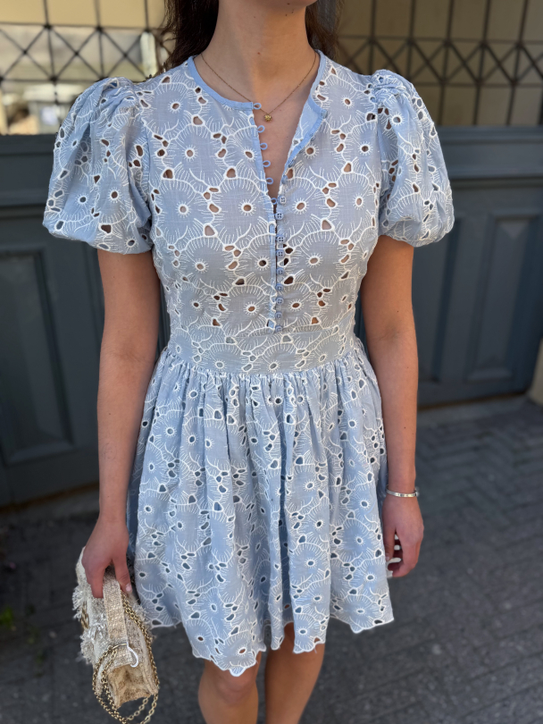 Broderie Anglaise  Puffed Dress - Light Blue - Image 1