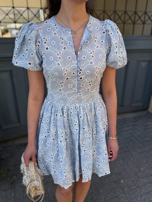 Broderie Anglaise  Puffed Dress - Light Blue
