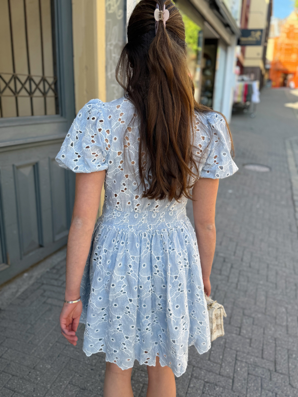 Broderie Anglaise  Puffed Dress - Light Blue - Image 3