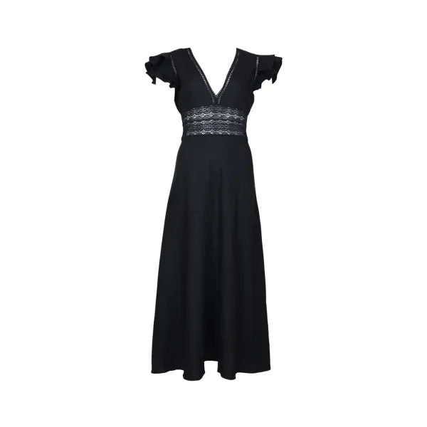 Linen V-Neck Dress - Black 