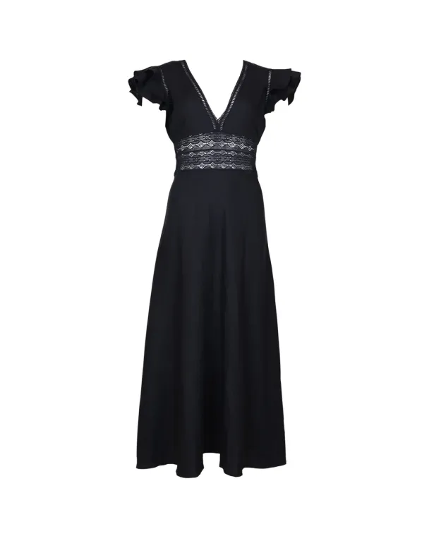 Linen V-Neck Dress - Black  - Image 2