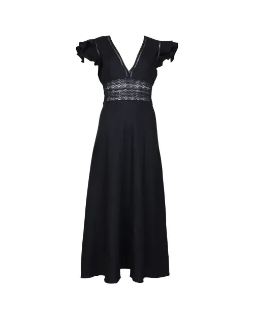Linen V-Neck Dress - Black 
