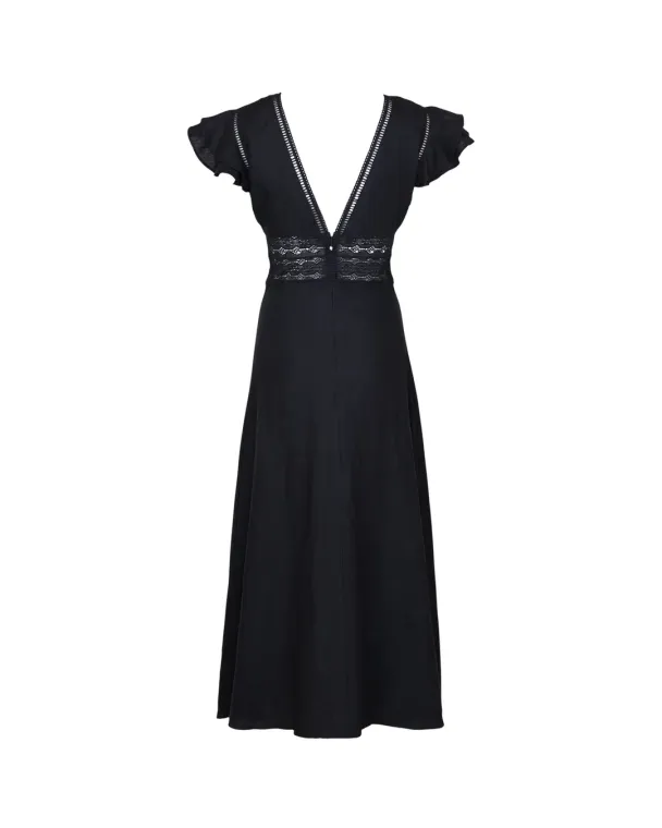 Linen V-Neck Dress - Black  - Image 3