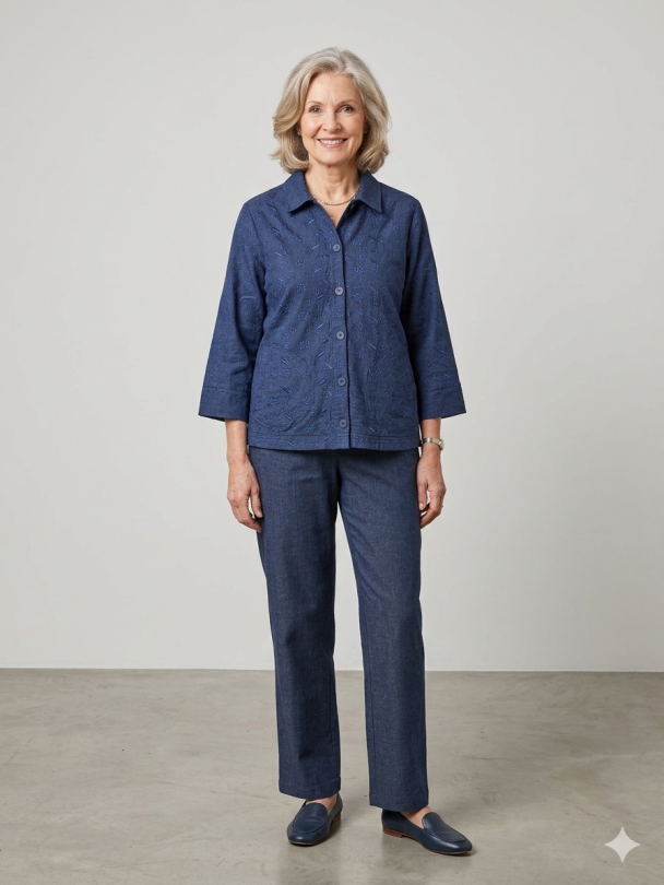 Skjorte Lin m/broderier 220327 Marine - Image 2