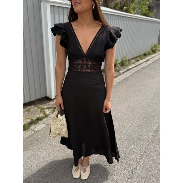 Linen V-Neck Dress - Black 